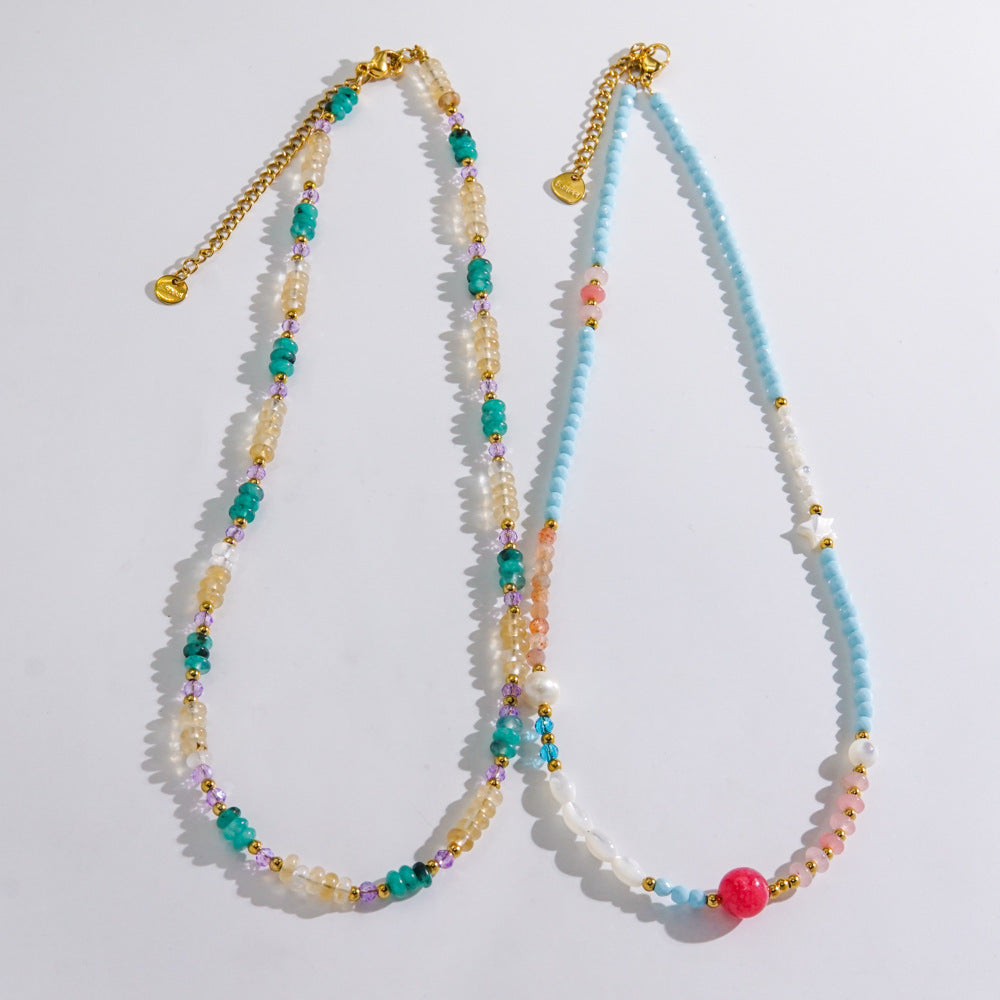 Wholesale  light luxury gorgeous fresh water pearl crystal natural stone shell stainless steel beaded necklace