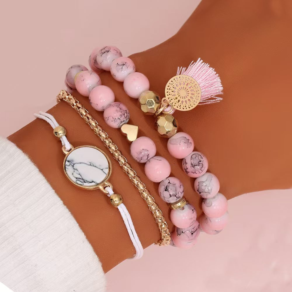 Wholesale Women' s Turquoise Beaded Bracelet Set 4 Pieces Creative Tassel Round Stone Bracelet Gift