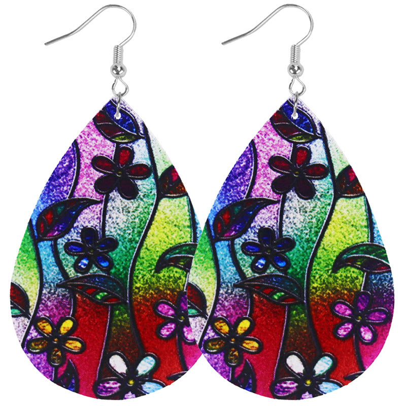 Wholesale flowers oil painting style ladies' teardrop leather earrings