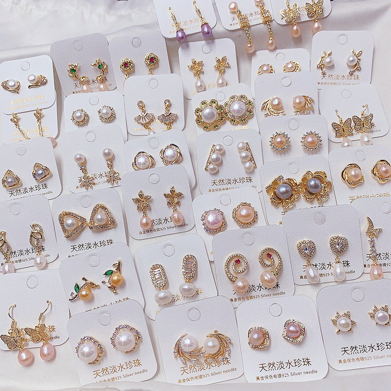 Wholesale Random color 10pcs Gold-plated Pearl Earrings Micro-inlaid Zircon Earrings ACC-ES-Pabo003