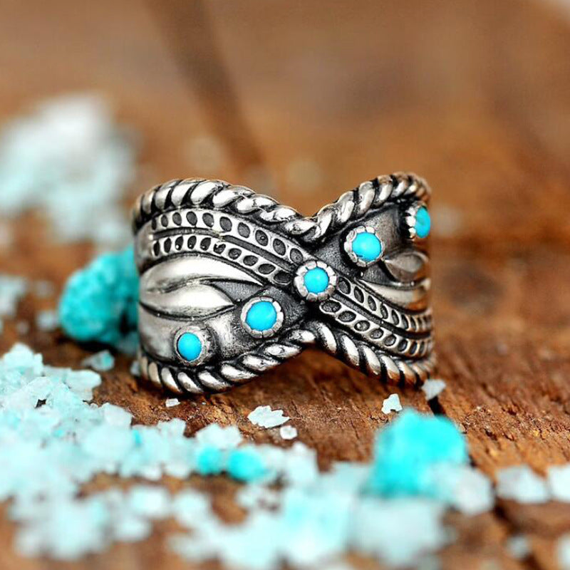 Wholesale Vintage Bohemian Turquoise Ring Ancient Silver Tone Fashion Accessory For Gift And Resale