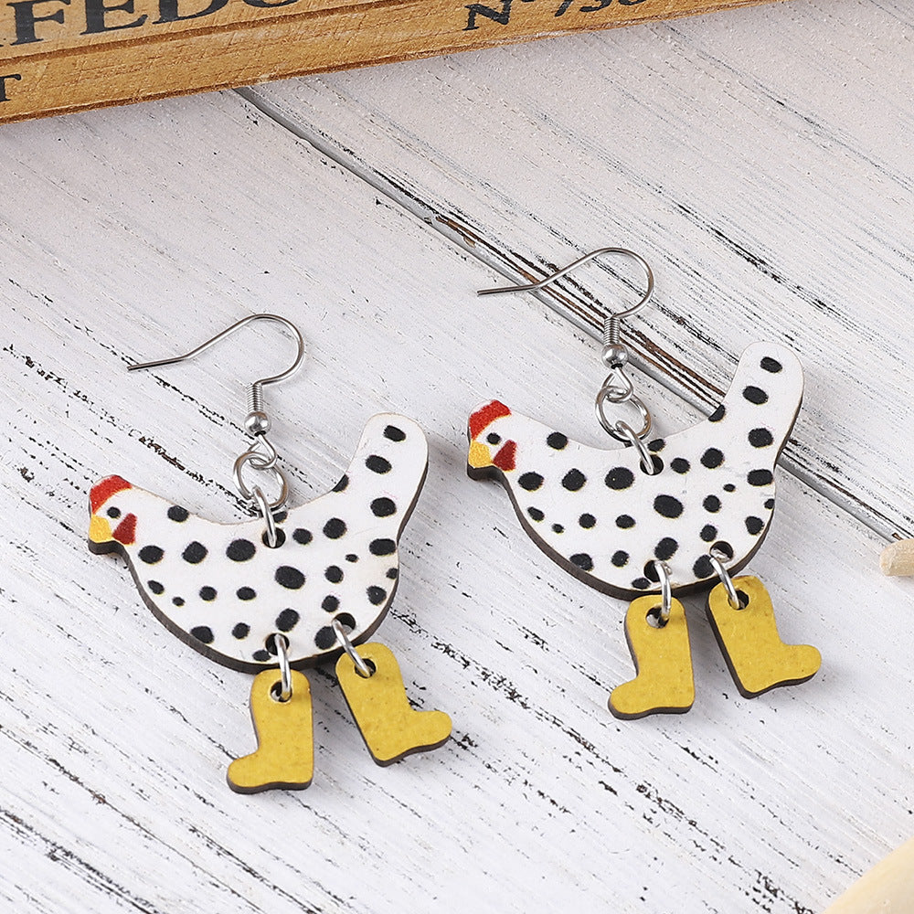 Wholesale  Creative Funny Shoes Rooster Double-sided Wooden Earrings