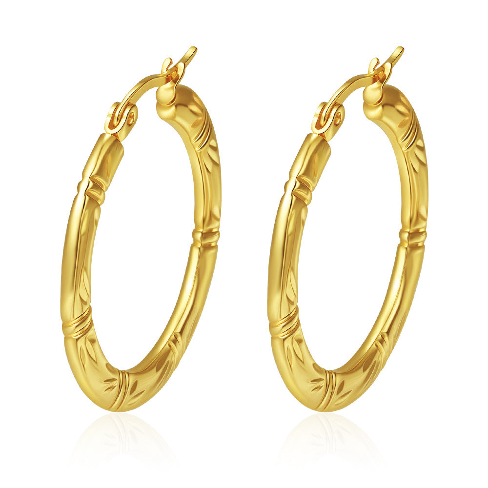 Wholesale Embossed Round Earrings Stainless Steel Gold Plated Everyday Wear Jewelry Accessory