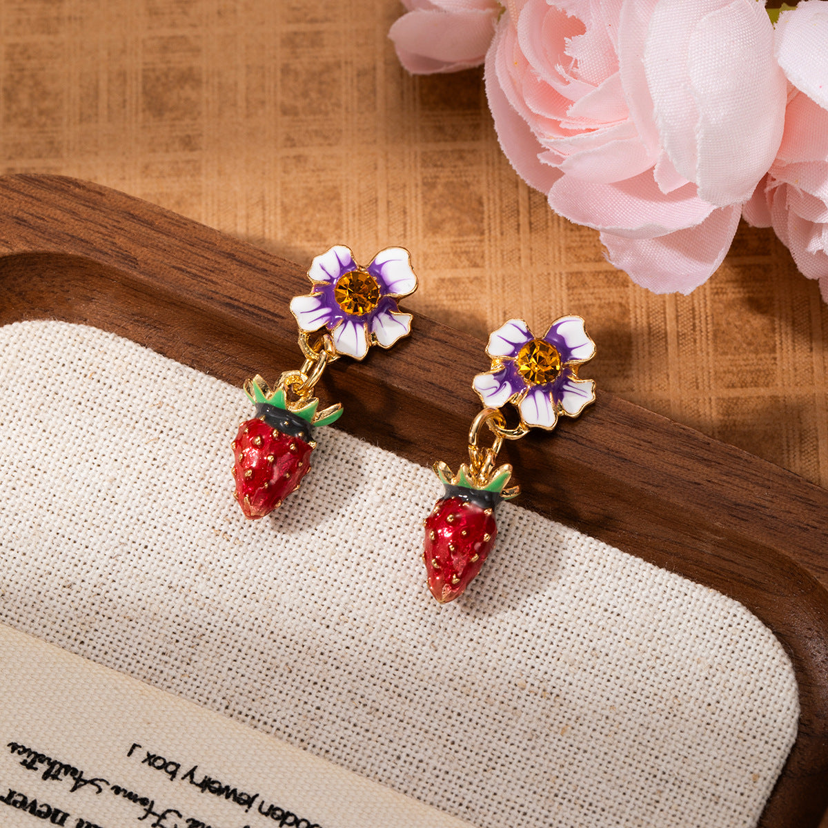 Wholesale Enamel red strawberry flower stud earrings