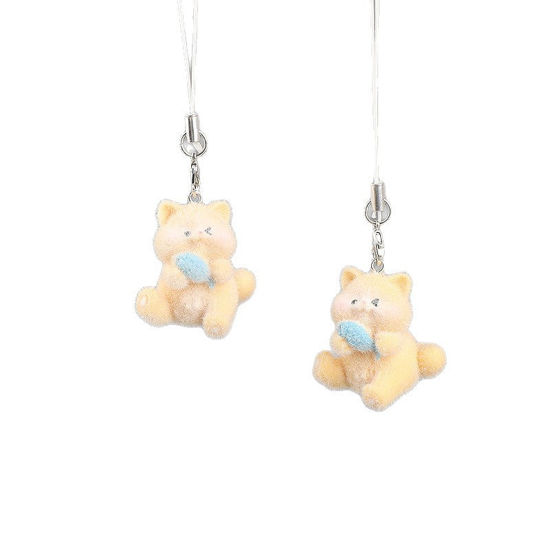 Wholesale Keychain 3D Flocked Chubby Orange Cat Eating Fish Phone Charm DIY Cute Pendant