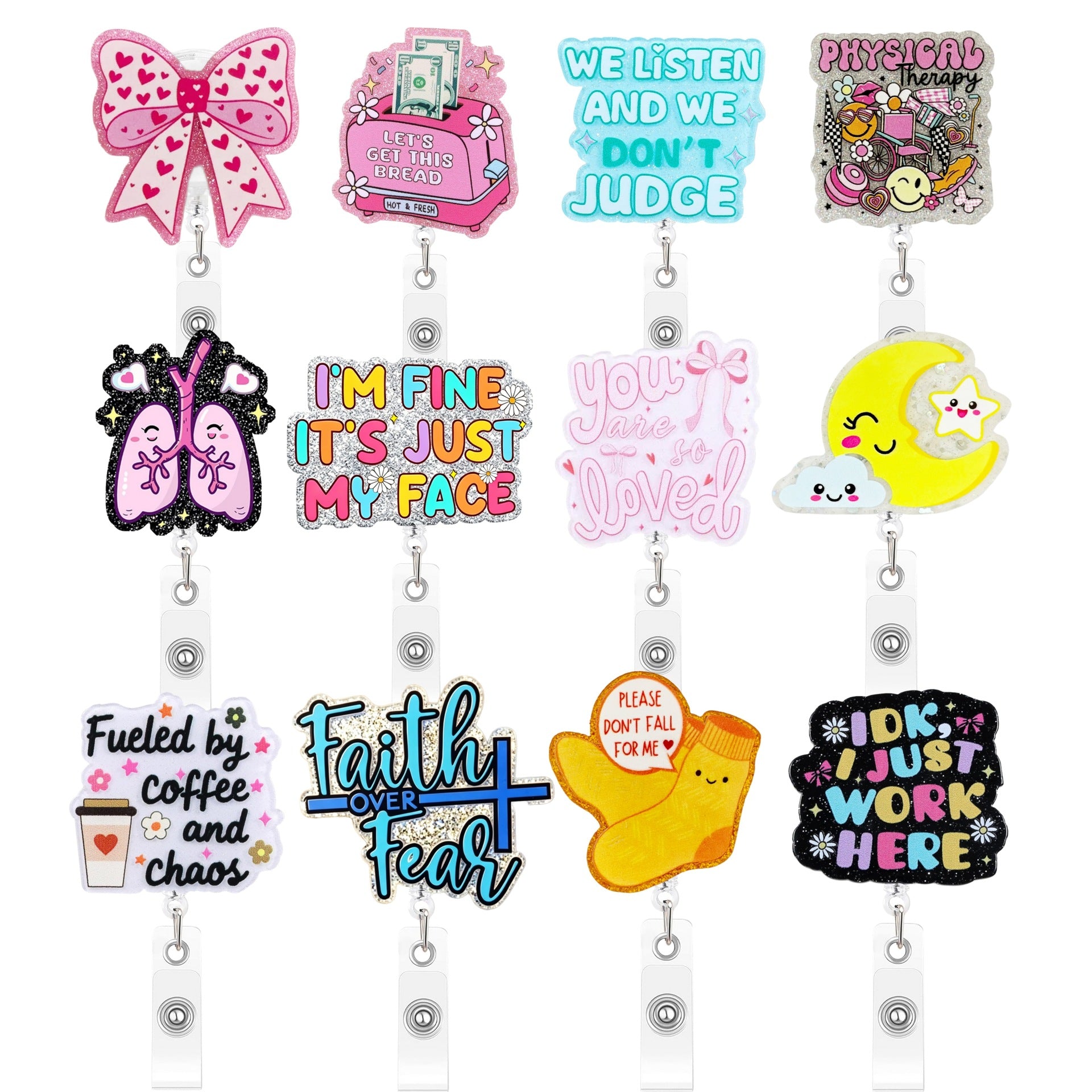 Wholesale Glitter Acrylic Retractable ID Card Holder Heart Design for Girls Fashion Accessory
