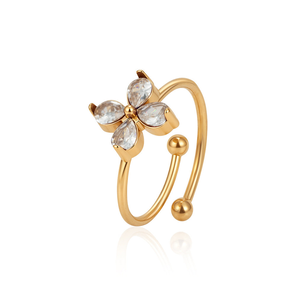 Wholesale Modern Flower Zircon Stainless Steel Adjustable Open Ring Boutique Resale Jewelry