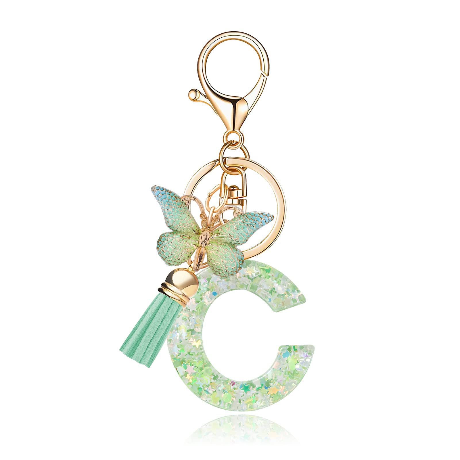 Wholesale 26 letter keychain green butterfly glue keychain