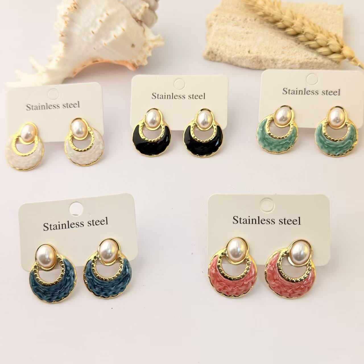 Wholesale Dripping Glaze Stainless Steel Earrings Minimalist Fan-Shaped Fashion Jewelry Accessory for Women