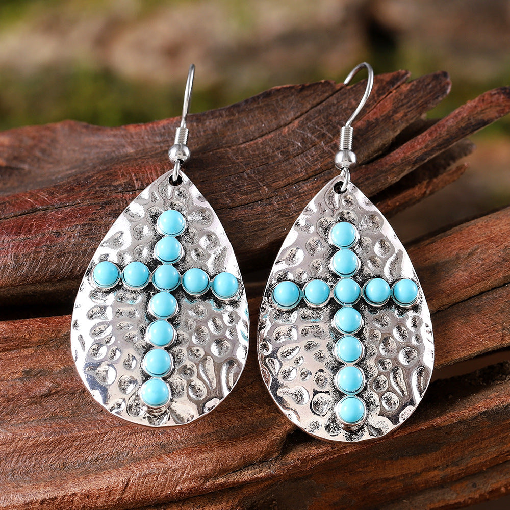 Wholesale Retro Bohemian Geometric Drop-shaped  Turquoise Cross Pendant Earrings
