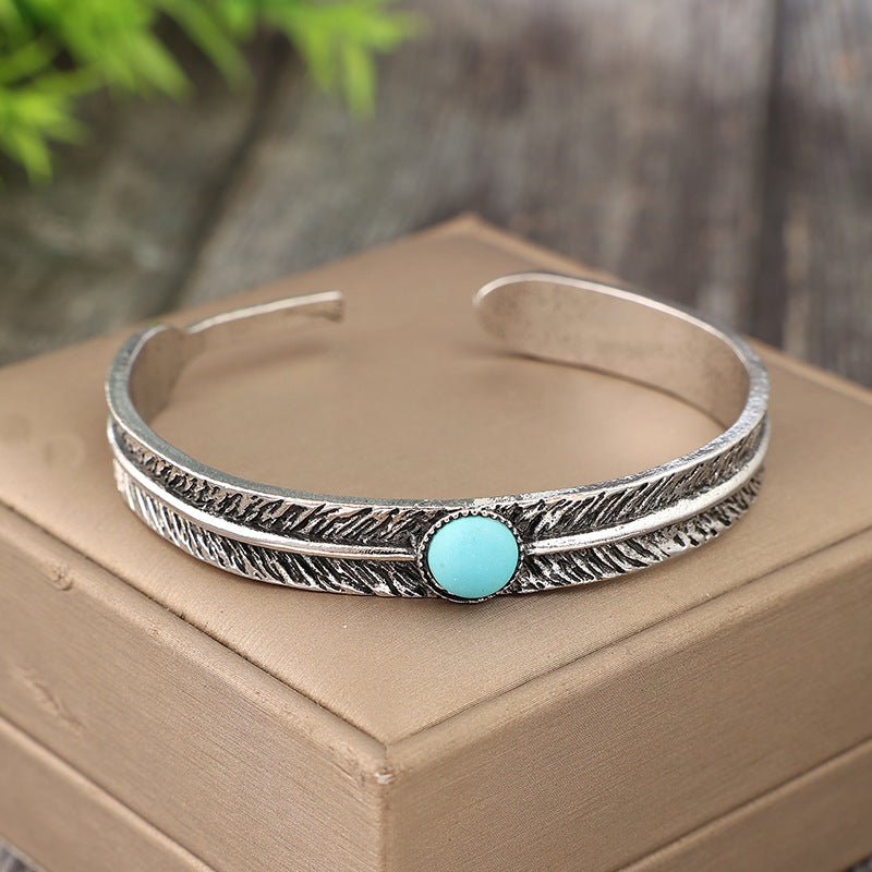 Wholesale Bohemian Retro Carved Cuff Bracelet,  Alloy Feather Turquoise Design,  Fashion Accessory for Boutique Resale