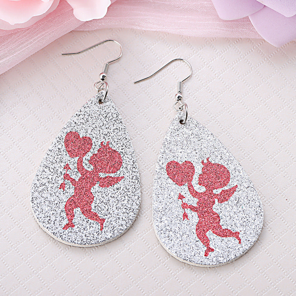 Wholesale Valentine's Day Eros Love Silver Sequin Water Drop Ear Leather Earrings