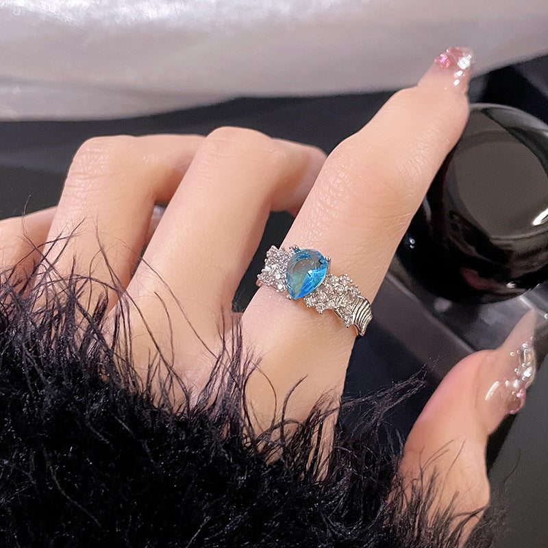 Wholesale Fairy Style Aquamarine Open Ring Water Drop Full Diamond Stacking Ring ACC-RS-JiuHao010