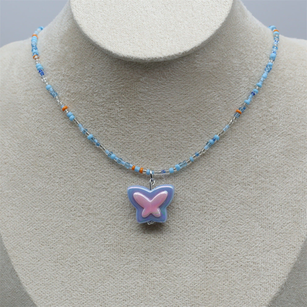 Wholesale Chic Gray Beaded Butterfly Pendant Collarbone Necklace Handmade Women S Fashion Jewelry Accessory For Resale