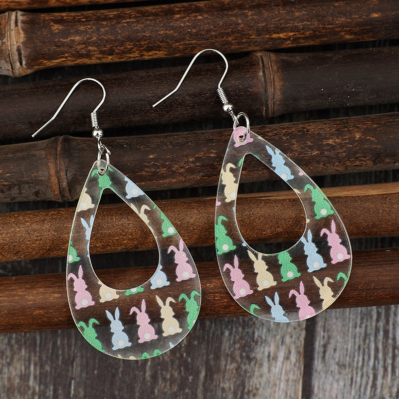Wholesale  Easter hollow water drop printing cute rabbit acrylic ladies earrings