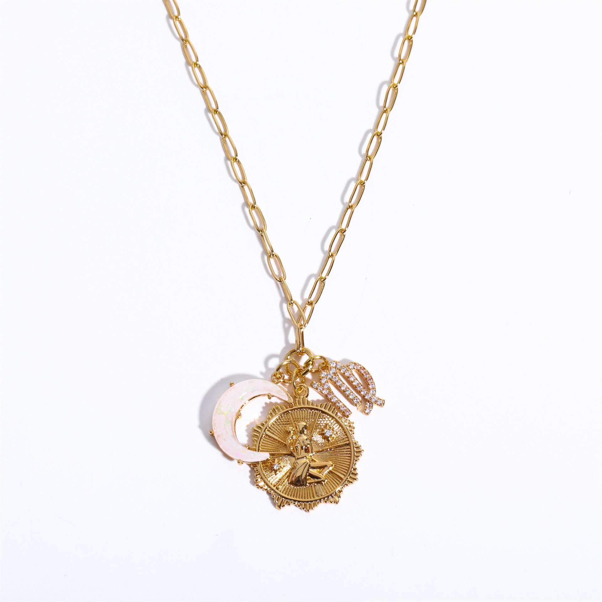 Wholesale  Micro Set Zircon Twelve Constellation Rune New Moon Moon Opal Pendant Necklace