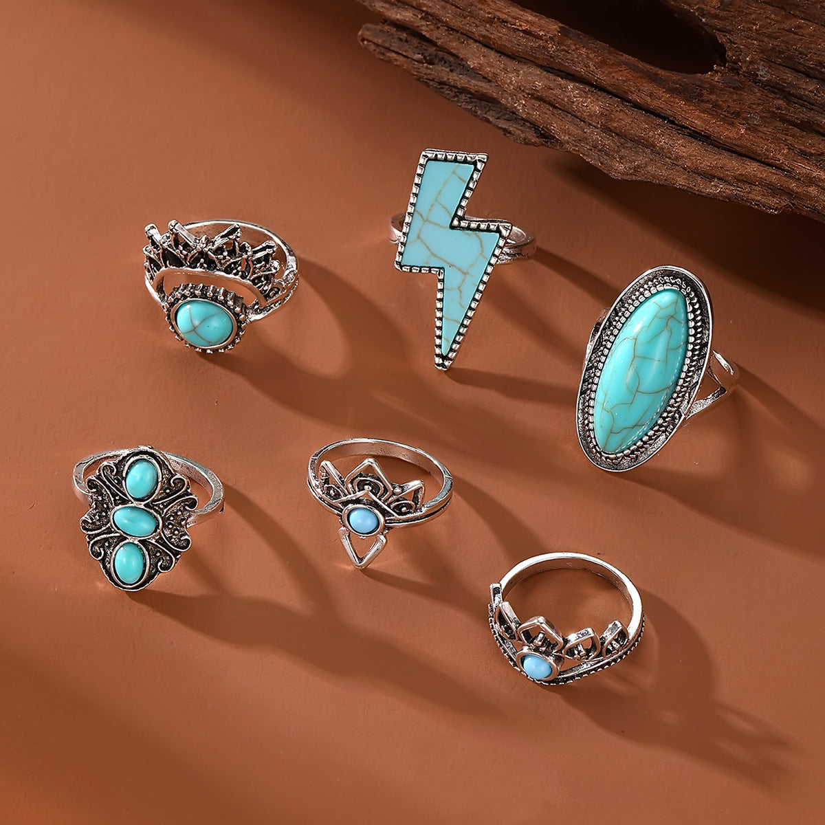 Wholesale  ethnic style retro inlaid turquoise lightning ring set