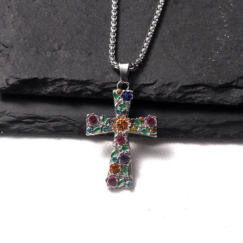 Wholesale Stainless Steel Rhinestone Cross Pendant Necklace,  Trendy Sweater Chain Jewelry Accessory for Everyday Wear