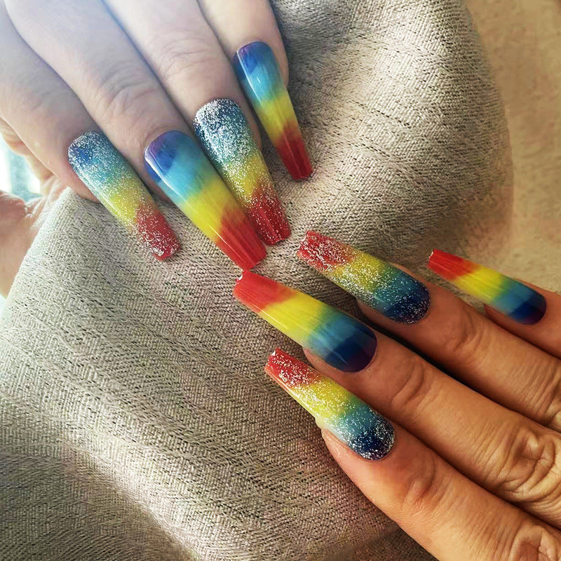 Wholesale Plastic Rainbow Glitter Nail Patches Press on Nails Kits Long Manicure ACC-NS-MeiSu015