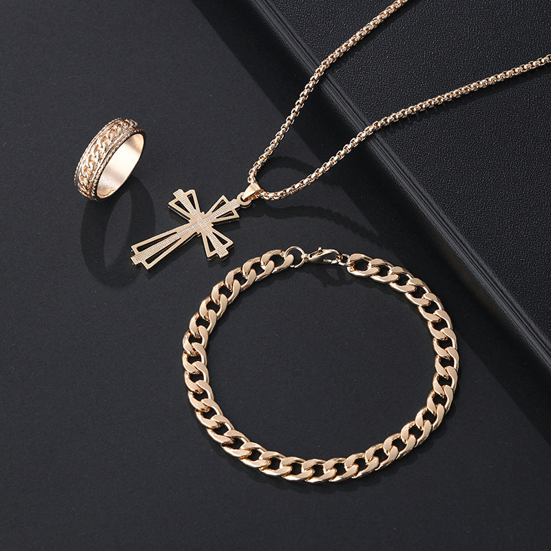Wholesale Stylish Black Cross Crown Roman Numeral 3 Piece Jewelry Set Necklace Bracelet Ring Fashion Accessory Gift