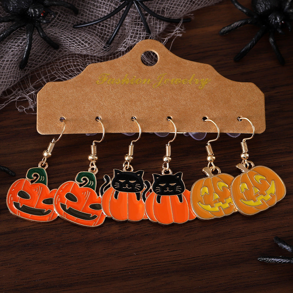 Wholesale  Halloween Black Cat Grimace Pumpkin Pendant Oil Drop Earrings Set
