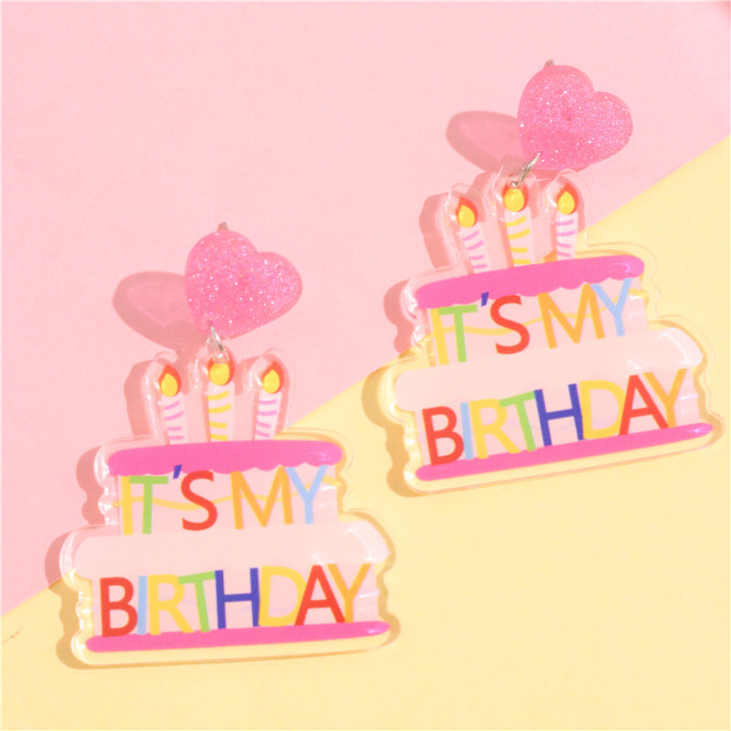Wholesale Acrylic Happy Birthday Printed Birthday Cake Earrings