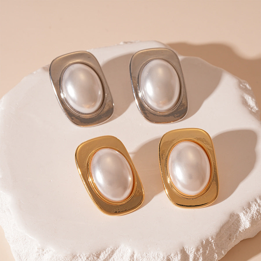 Wholesale pearl square geometric silver pin earrings