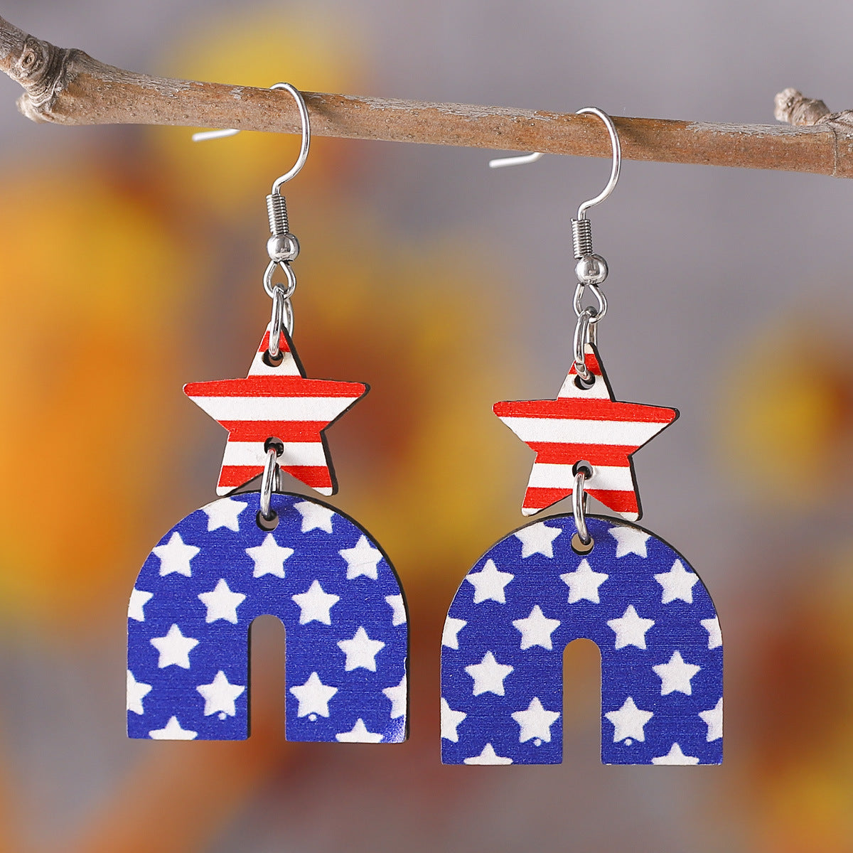 Wholesale of American Independence Day Red, White, Blue Striped Star Ice Cream Patchwork Wooden Double-sided Earrings ACC-ES-ChuLian009