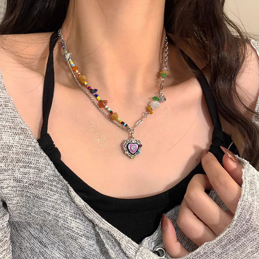 Wholesale Colorful Stone Love Dripping Glaze Necklace Clavicle Chain Choker Necklace Titanium Steel ACC-NE-Ziyou005