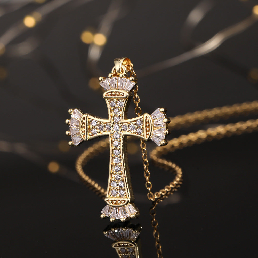 Wholesale Copper Electroplated Zircon Cross Pendant Necklace For Women Fashion Jewelry Accessory Gift