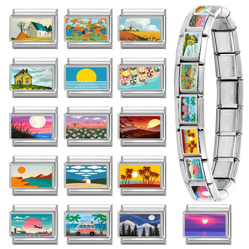 Wholesale Italian-Style Landscape Charm Stainless Steel Bracelet Jewelry Accessory