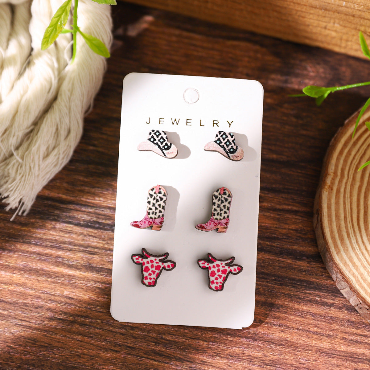 Wholesale Wooden Western Cowboy Style Cow Earrings