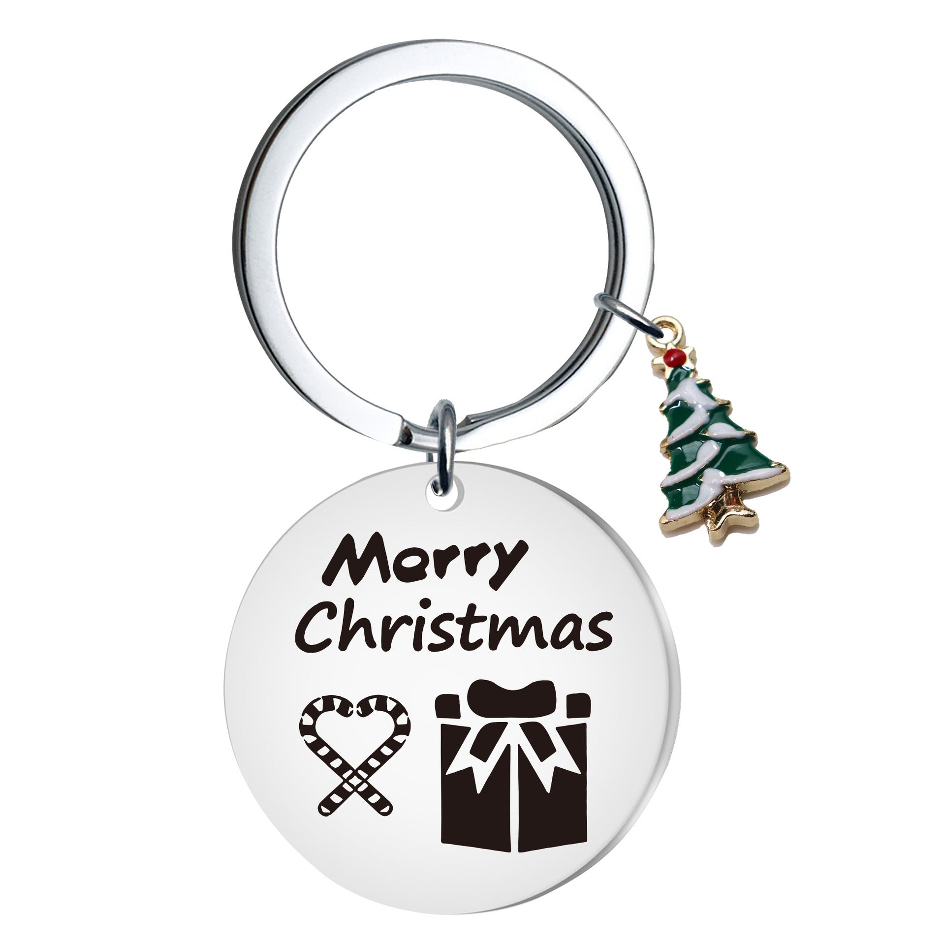 Wholesale Stainless Steel Christmas Tree Keychain Engraved Round Pendant For Car Key And Bag Holiday Gift