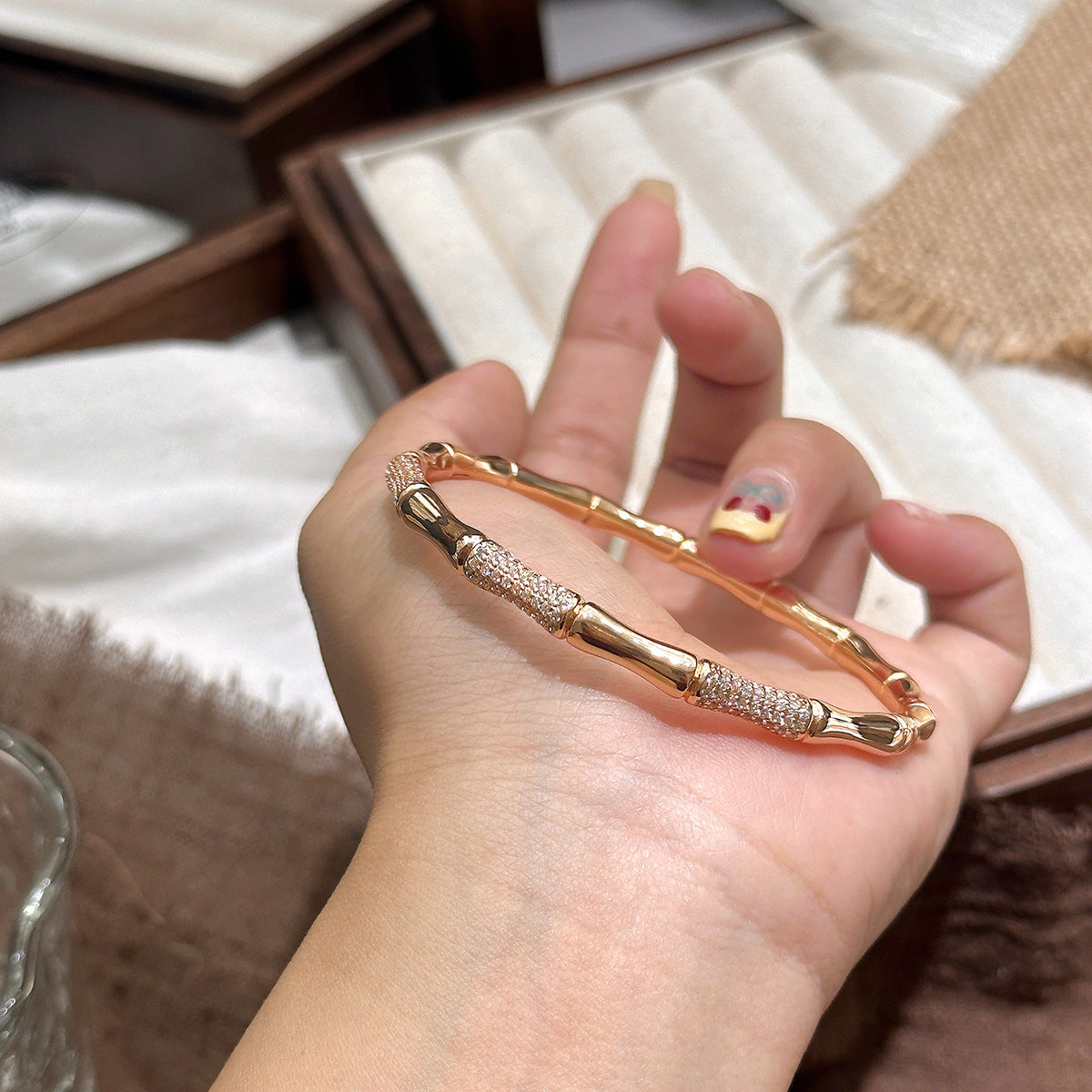 Wholesale Copper Electroplated Bamboo Diamond-Encrusted Bracelet Fashion Accessory for Women