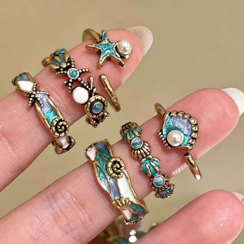 Wholesale Ocean Party Retro Starfish Shell Pearl Enamel Women S Adjustable Stacking Ring Jewelry Accessory