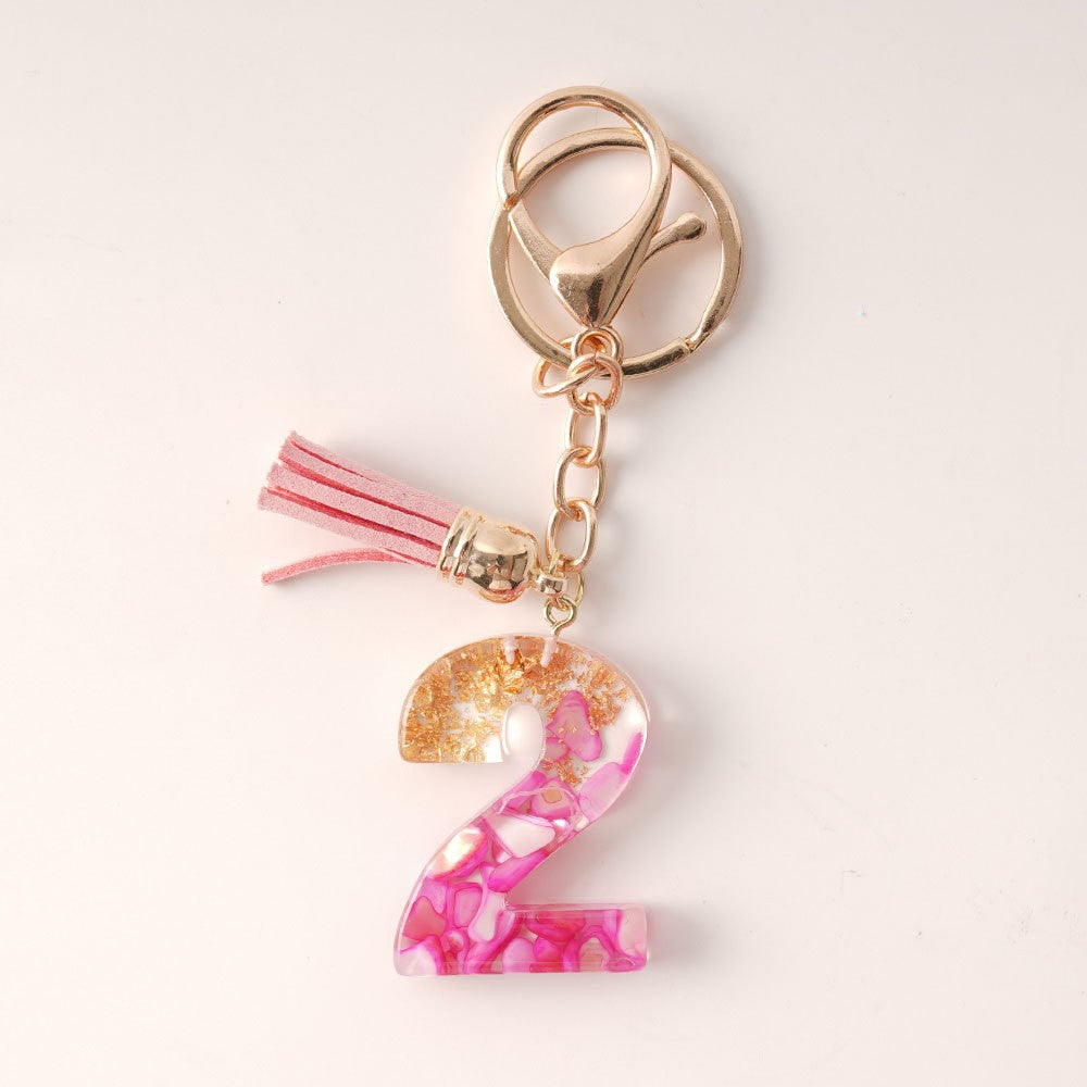 Wholesale  Resin Glue English Numbers Pink Tassel Rose Red Gold Foil Keychain
