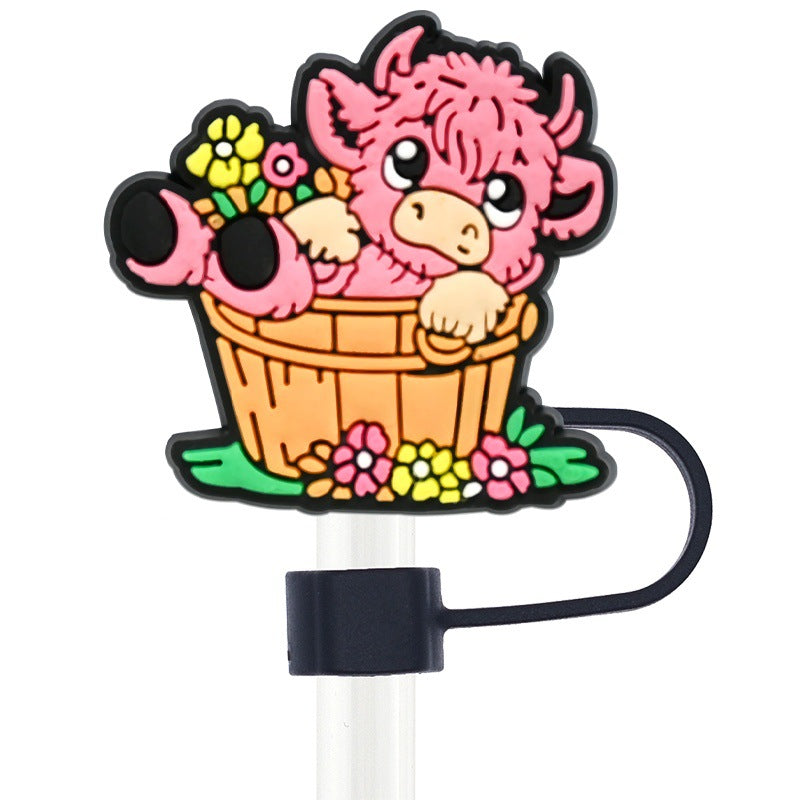 Wholesale Random 100pcs Cartoon Highland Cow  10mm PVC Soft Straw Tube Cap