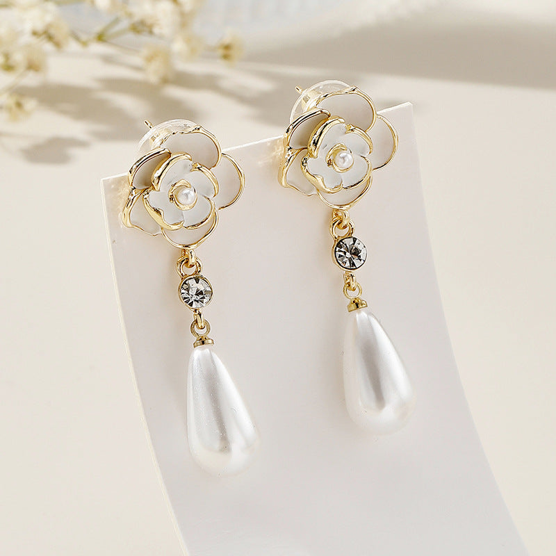 Wholesale  Long Pearl Tea Rose Earrings