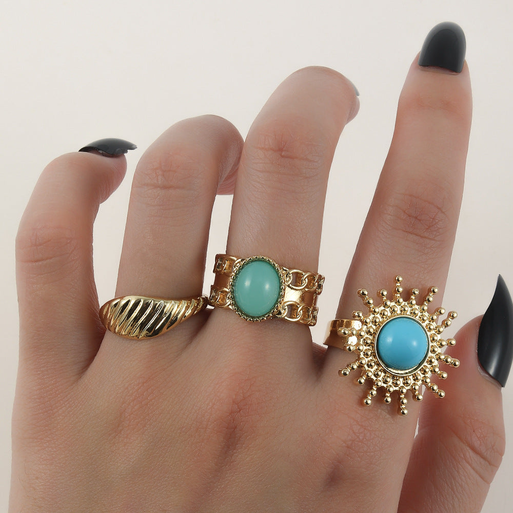 Wholesale  turquoise twist ring 6-piece gold wave knuckle ring