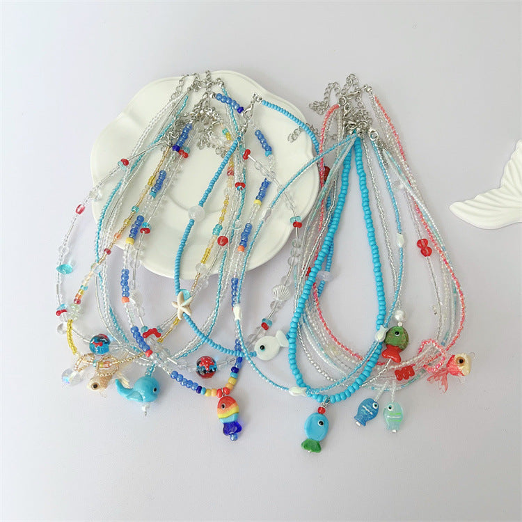 Wholesale Colorful Summer Dopamine Small Fish Pendant Blue Beaded Necklace