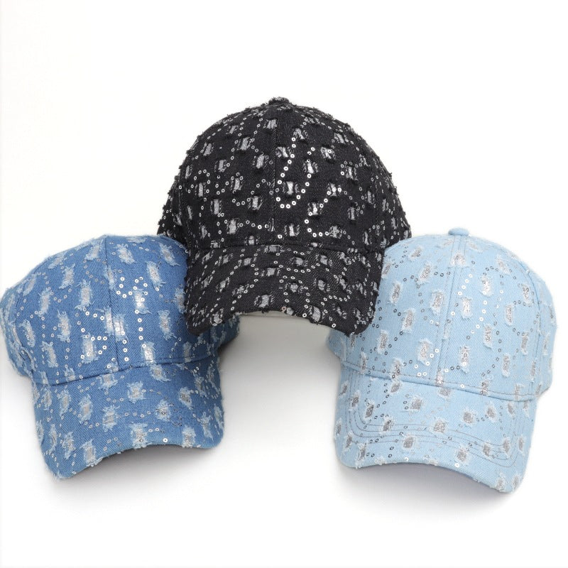 Wholesale  brand new denim sequins broken hole baseball cap