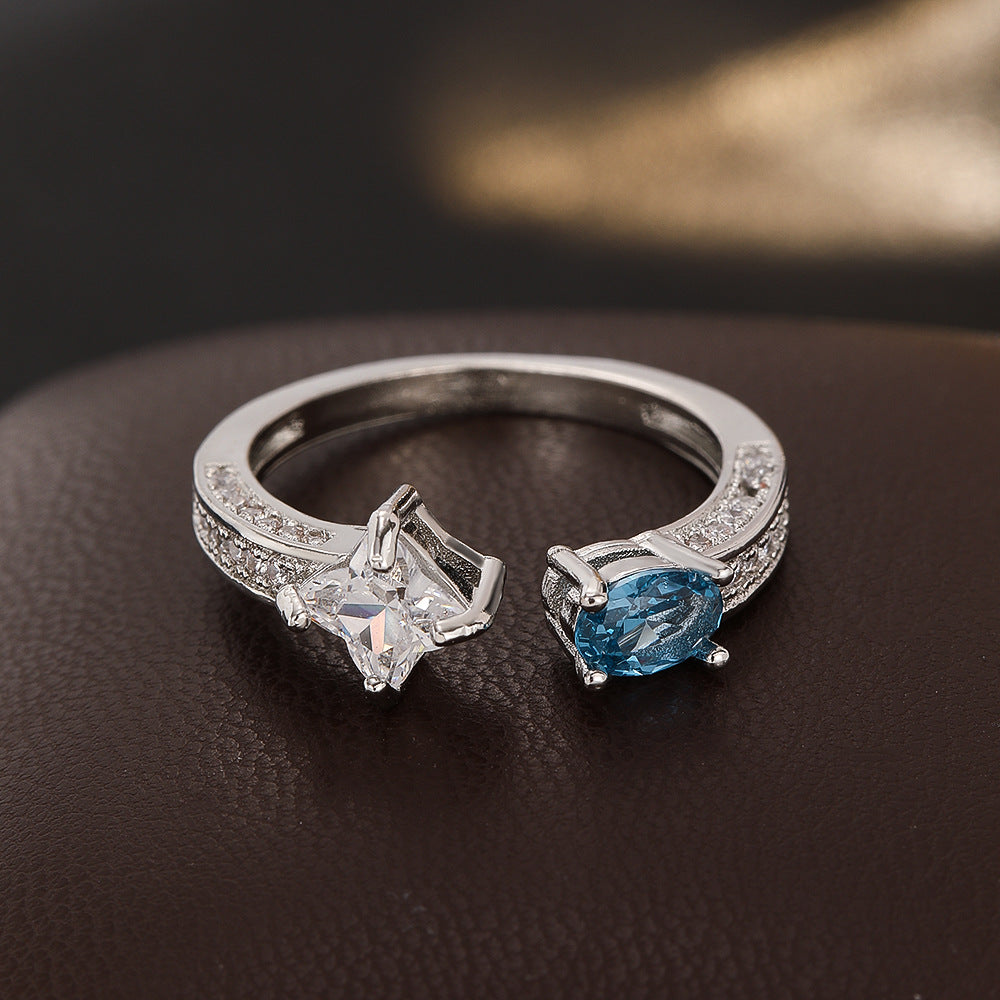 Wholesale Copper Zircon Blue Topaz Ring Moissanite Look Adjustable Silver Jewelry Fashion Accessory For Women Everyday Wear Gift