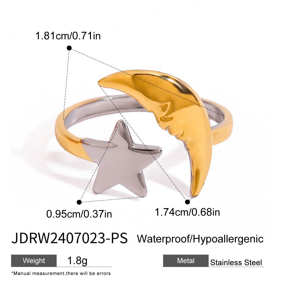 Wholesale 18k gold and silver stainless steel simple star and moon open ring