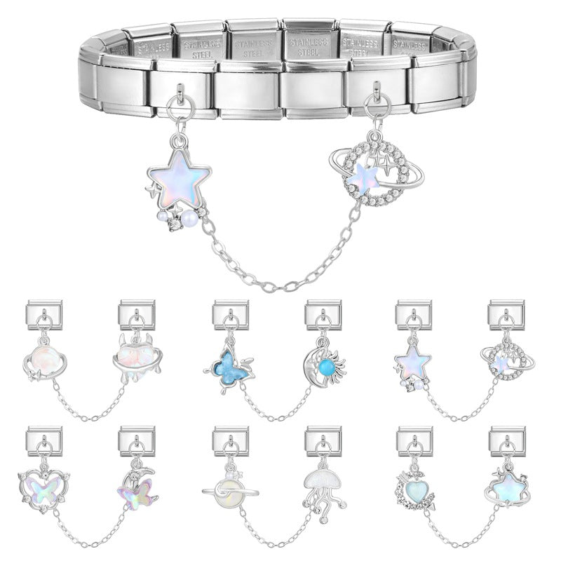 Wholesale 9mm Italian Charm Starter Bracelets DIY square double-pendant Creative Stainless Steel Composable Bracelet