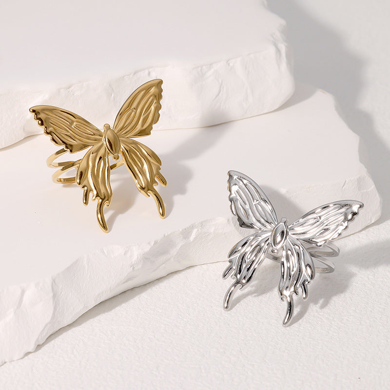 Wholesale Trendy Butterfly Open Ring Stainless Steel Gold Plated Women S Fashion Jewelry Accessory Boutique Resale Gift