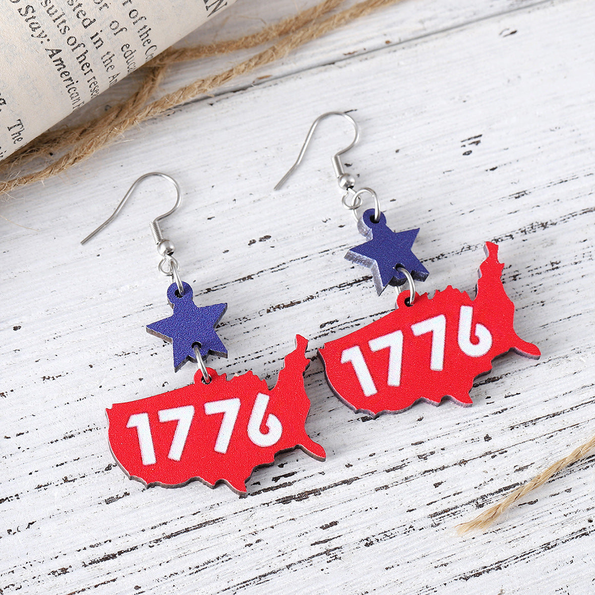 Wholesale Red, White, Blue 1776 Star USA Map Pendant Earrings