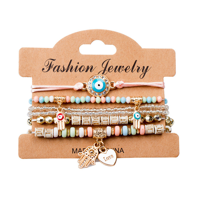 Wholesale Devil's Eye beaded  bohemian multi-layer rice beads bracelet