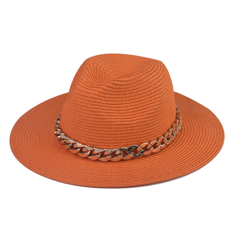 Wholesale Trendy Wide Brim Straw Hat With Gold Chain Decoration Flat Top Khaki Sun Hat For Summer Casual Wear