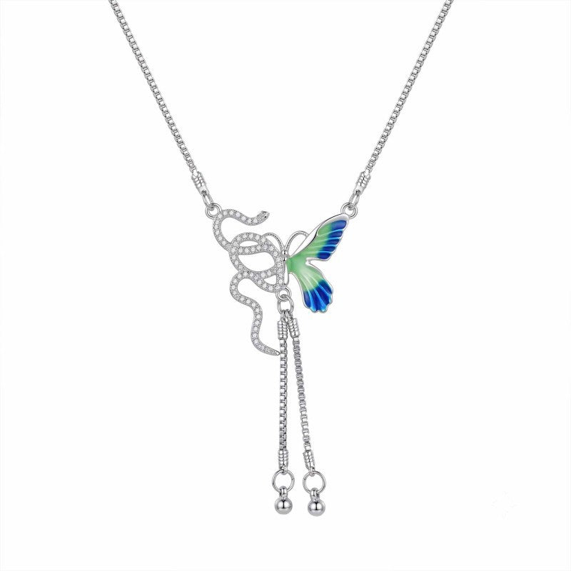 Wholesale Alloy Plated Snake Butterfly Enamel Choker Necklace With Tassel Trendy New Chinese Style Women S Jewelry