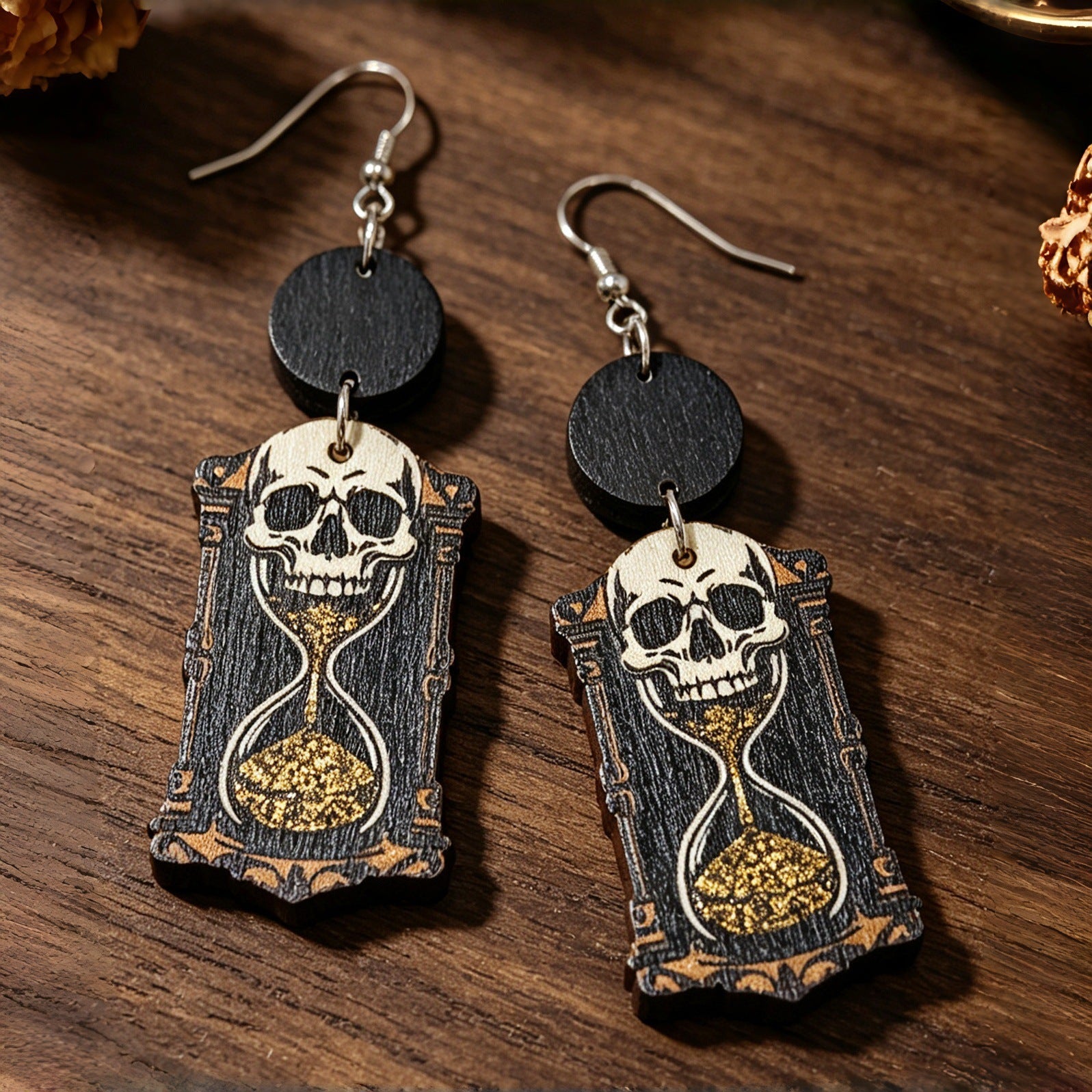 Wholesale Skull Hourglass Wooden Earrings Retro Dark Style  Jewelry Accessory